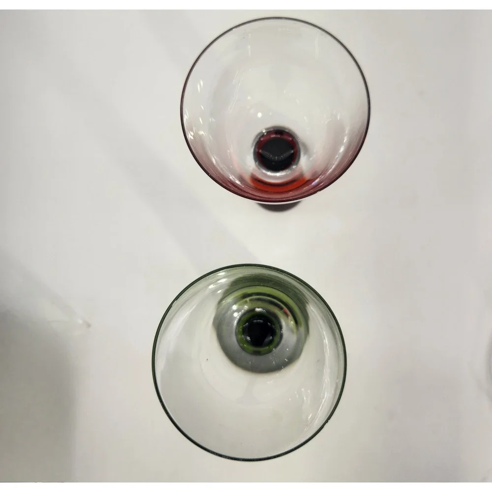 2 Danish Influenced Wine Goblets‎ Green & Red Flared Stems Clear Bowls Vintage